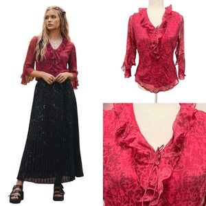 Vtg 90s Y2k Top Womens M Red 100% Silk Ruffle Flare Sleeve Fairycore Whimsigoth